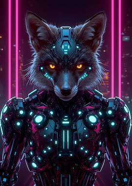 Cyberpunk Fox Warrior in Neon Cityscape