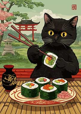 Black Cat Eating Sushi Japan