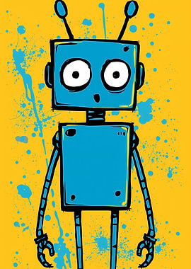 Cartoon Robot with Blue Splatter