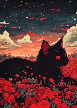 Cat Red Flower Field