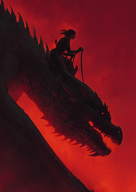 Dragon Rider Silhouette on Red Background