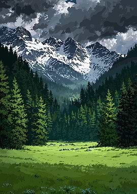 Mountain Landscape with Forest and Meadow