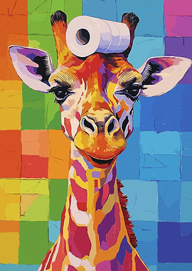 Colorful Giraffe with Toilet Paper Hat