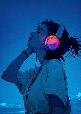 Girl with Headphones in Blue