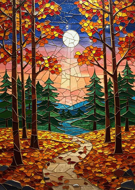 Autumn Forest Stained Glass Landscape