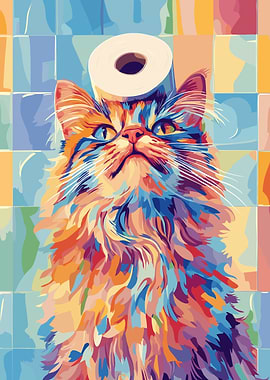 Colorful Cat with Toilet Paper Hat
