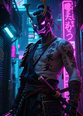 Cyberpunk Samurai with Oni Mask