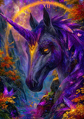 Purple Galaxy Unicorn in Enchanted Forest