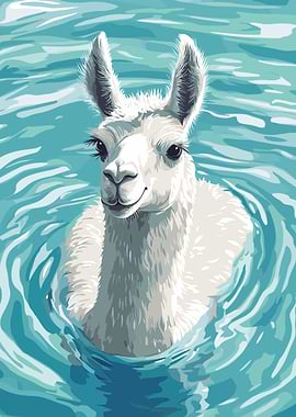 Llama Swimming in Blue Water