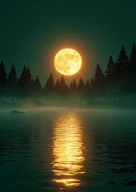 Full Moon Over Misty Lake
