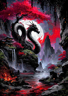 Dragon and Moon in Asian Landscape