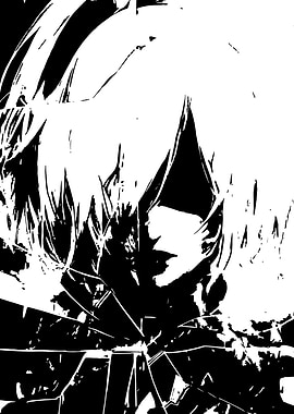 Monochrome Anime Character with Broken Glass