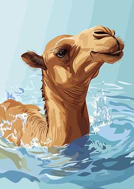 Camel Swimming in Water Illustration