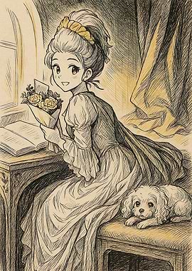 Anime Girl with Dog and Flowers