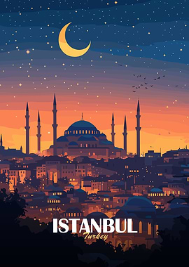 Istanbul Turkey Nightscape Illustration