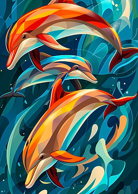 Colorful Dolphins Swimming in Blue Water