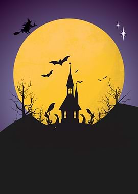 Halloween Night Silhouette with Witch and Bats