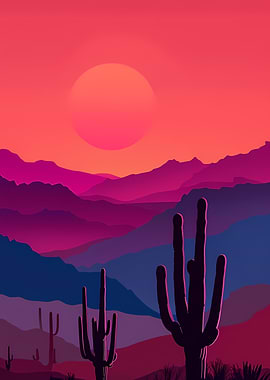 Desert Sunset Landscape with Cacti