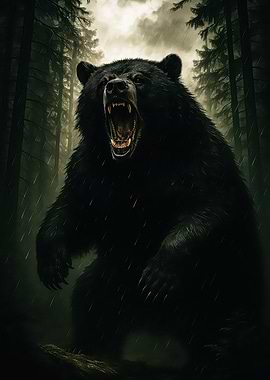 Roaring Black Bear in Rainy Forest