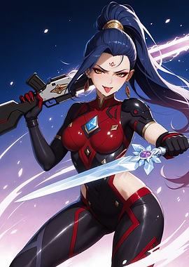 Anime Warrior Girl with Sword and Gun