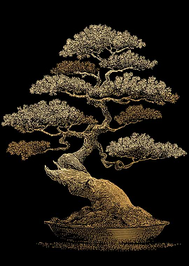 Golden Bonsai Tree on Black Background