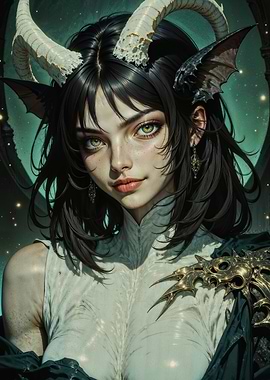 Ethereal Enchantress: Dark Fantasy Portrait with Mystical Horns and Golden Accents