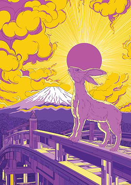 Rabbit on Bridge with Mount Fuji