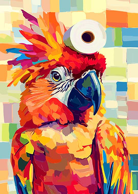 Colorful Parrot with Toilet Paper Hat
