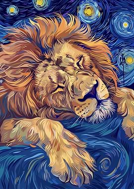 Lion Sleeping in Starry Night Style