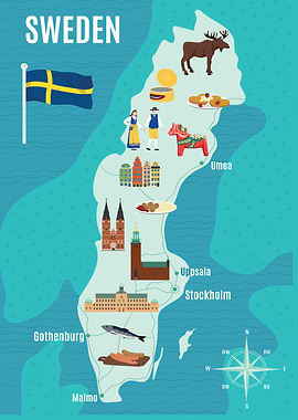 Sweden Map with Landmarks and Icons