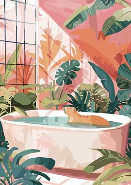 Capybara in Bathtub with Tropical Plants
