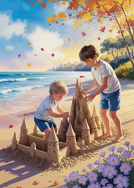 Children Building Sandcastle on Beach