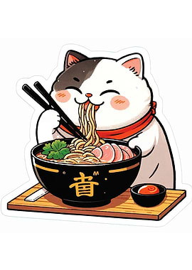 Cute Cat Eating Ramen Illustration