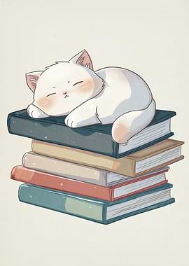 Sleeping Cat on Books Illustration