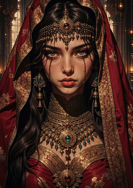 Regal Eastern Enchantress in Opulent Red and Gold Attire