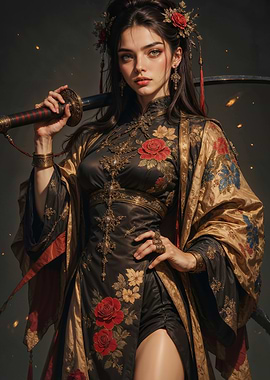 Mystic Asian Warrior Empress with Golden Kimono and Katana