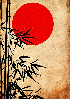 Bamboo and Red Sun Art