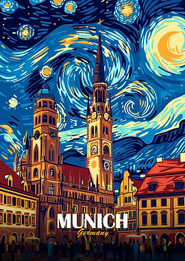 Munich Germany Cityscape Starry Night Style