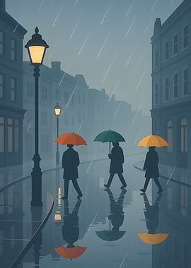 Rainy City Street with Umbrellas