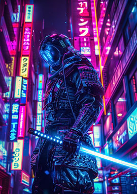 Cyberpunk Samurai in Neon Cityscape