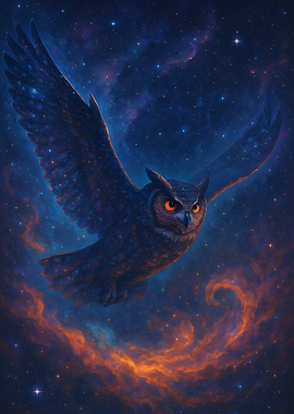 Owl in Flight Through Starry Sky