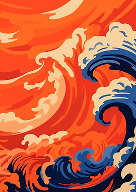 Stylized Ocean Waves with Orange Sky