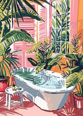 Tropical Bathroom with Bathtub and Plants