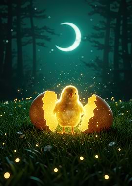Chick hatching under moonlight in forest