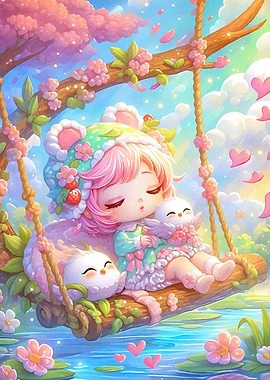 Girl Swing Bird Friends