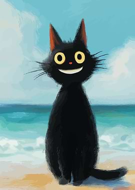 Smiling Black Cat on the Beach