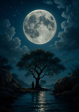 Moonlit Solitude – A Tree, A Sea, A Silent Watcher
