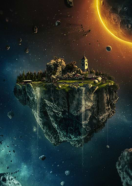 Floating Island in Space with Waterfall