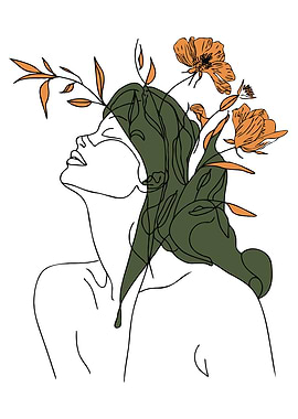 Woman with Flowers Line Art Minimalist Illustration