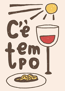 C'è tempo illustration with wine and pasta